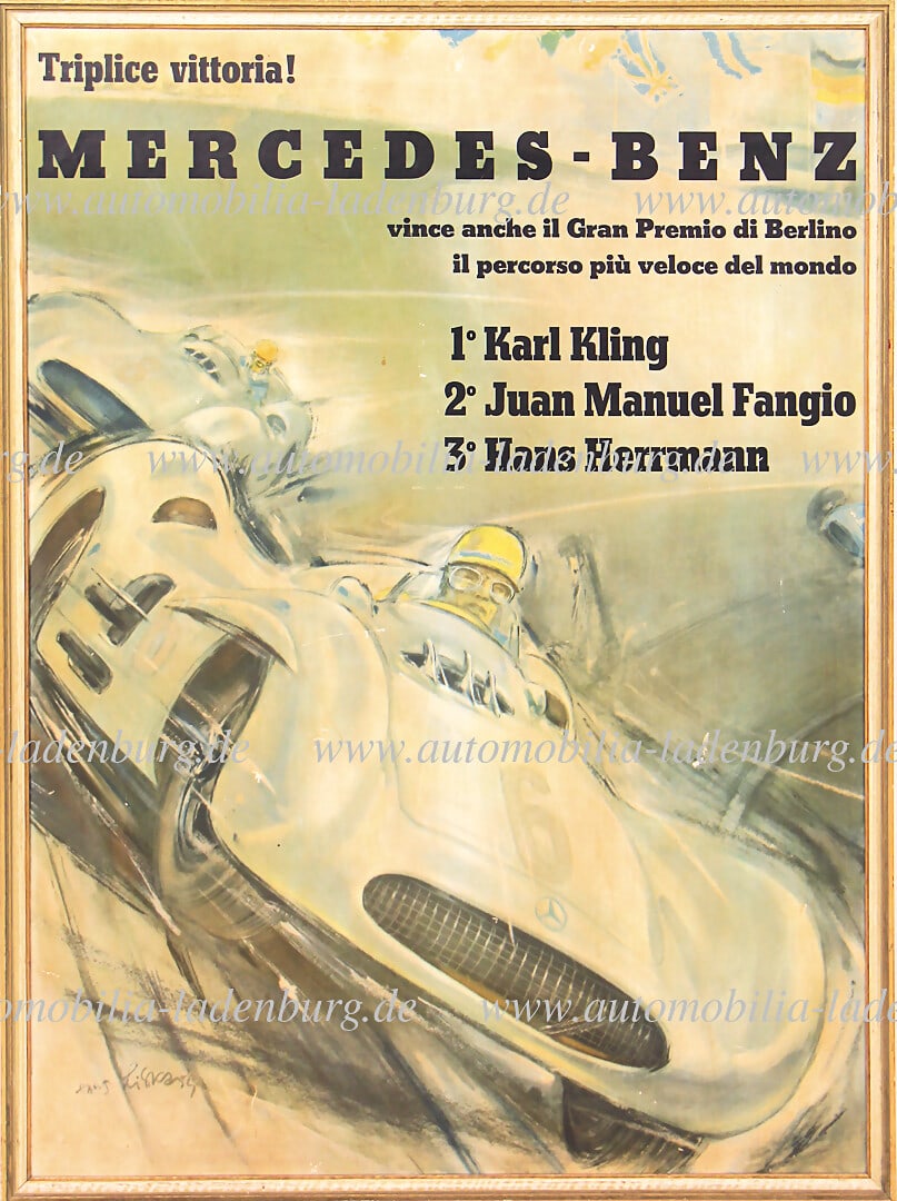 HANS HERRMANN Racing poster "Triplice vittoria! Mercedes-Benz vince anche il Gran Premio di Berlino: HANS HERRMANN Racing poster "Triplice vittoria! Mercedes-Benz vince anche il Gran Premio di Berlino il percorso piÃº veloce del Mondo - Avusrennen 1954", framed (without glass pane) 84x60,5c