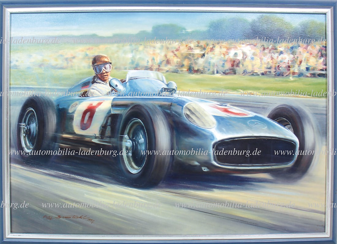 HANS HERRMANN Oil painting by Georg Baumhakl, oil on canvas, Hans Herrmann on Mercedes-Benz W196: HANS HERRMANN Oil painting by Georg Baumhakl, oil on canvas, Hans Herrmann on Mercedes-Benz W196 1954, 78x108,5cm German Description HANS HERRMANN Ã–lgemÃ¤lde von Georg Baumhakl, 