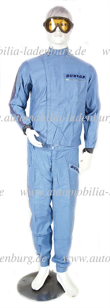HANS HERRMANN Two-piece Dunlop racing suit including driver's goggles, late 50s - early 60s, worn in (1 of 3)