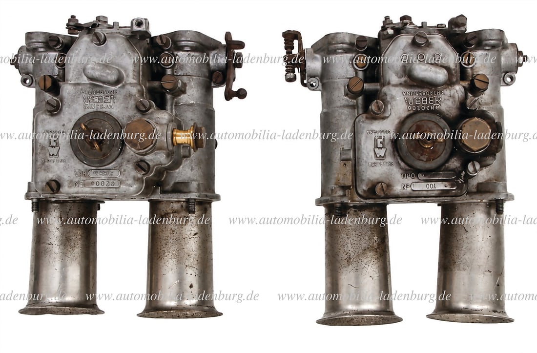 WEBER 1 set of Weber 45 DCOE 9 twin carburetors with intake funnels, used, for Alfa Romeo, Lancia, (1 of 1)