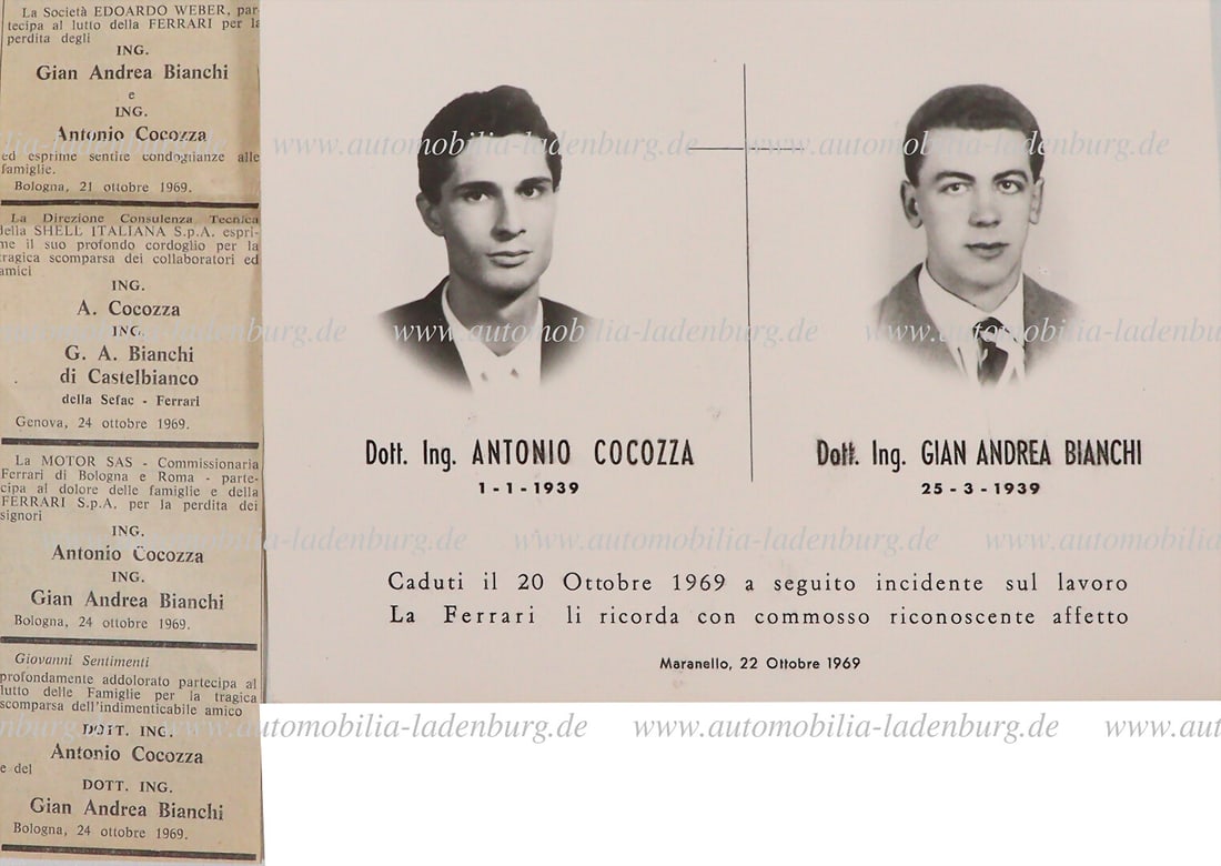 FERRARI Maranello, October 22, 1969, death card for "Dott. Ing. Antonio Cocozza and Dott. Ing. Gian (1 of 1)