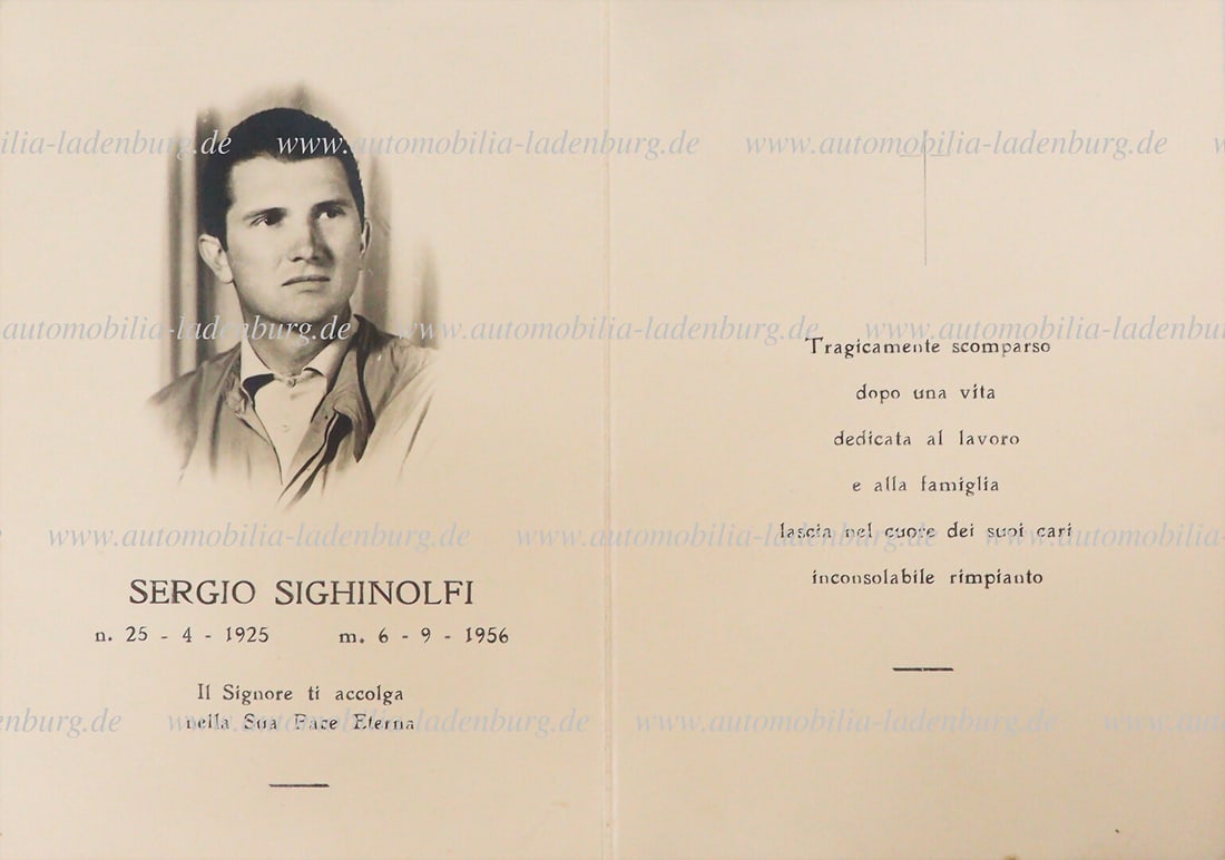 FERRARI 1956, death card of Sergio Sighinolfi (chief test driver Scuderia Ferrari), Sighinolfi had (1 of 1)