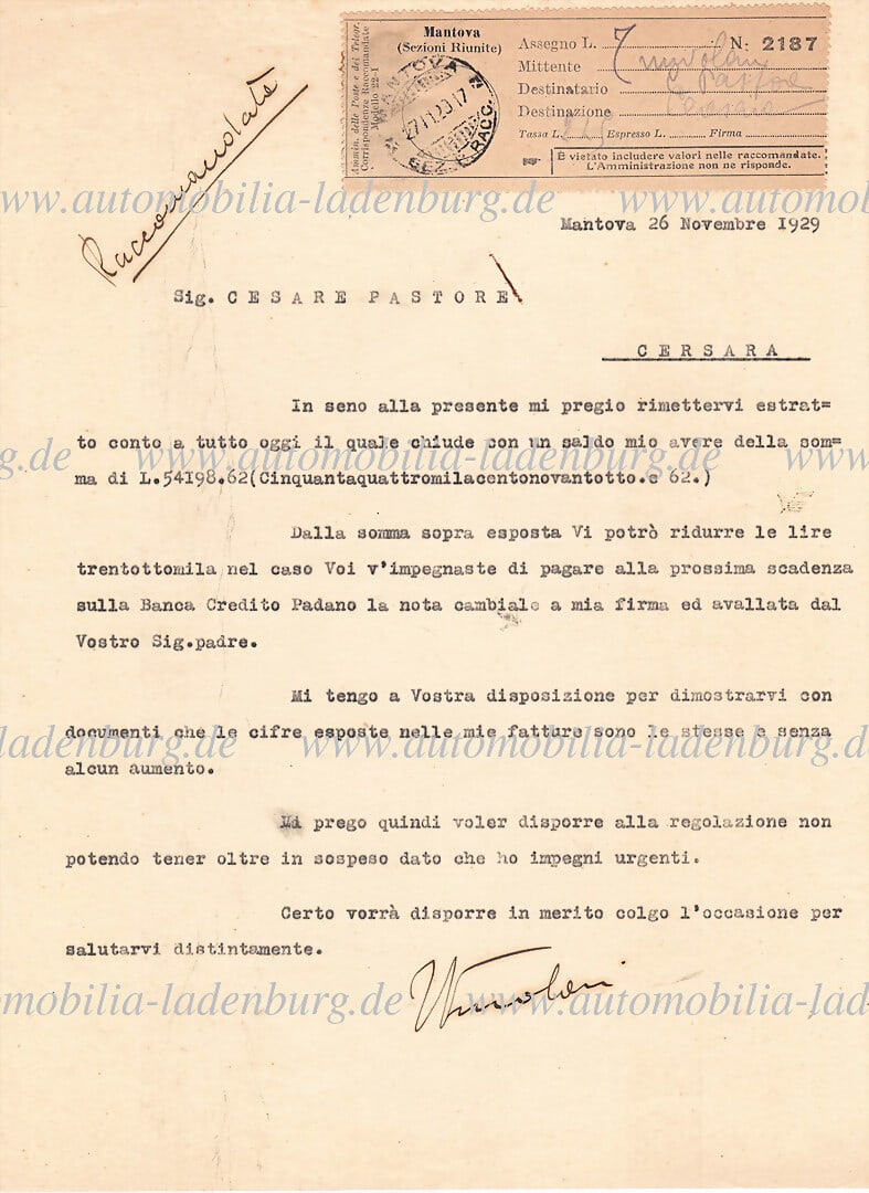 TAZIO NUVOLARI Mantova 26.09.1929, signed letter from Tazio Nuvolari to Sig. Cesare Pastore,: TAZIO NUVOLARI Mantova 26.09.1929, signed letter from Tazio Nuvolari to Sig. Cesare Pastore, describing that Sig. Pastore owes an amount of 54198.62 lire, but he offers him a discount of 30000 lire if