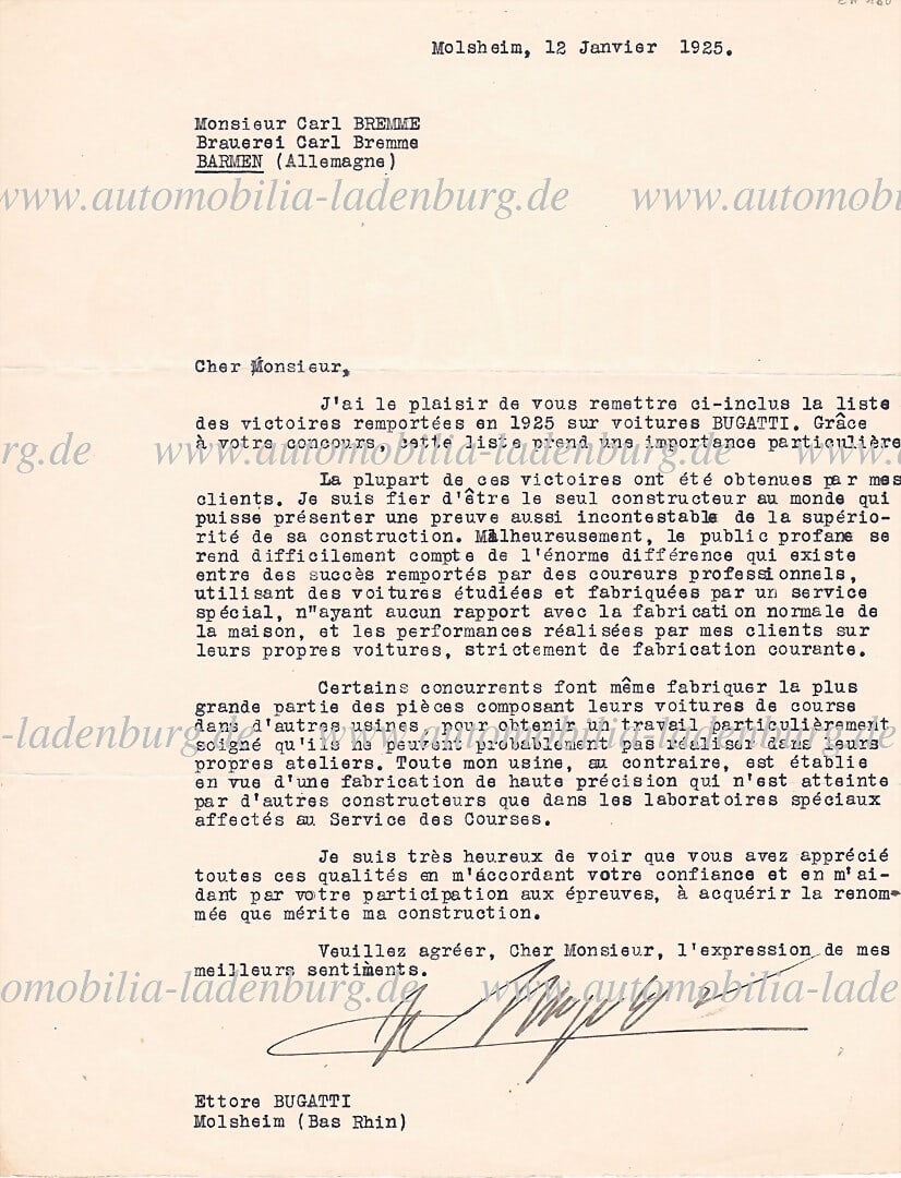 BUGATTI Molsheim 1925, autographed letter from Ettore Bugatti to Carl Bremme, regarding the list of (1 of 2)