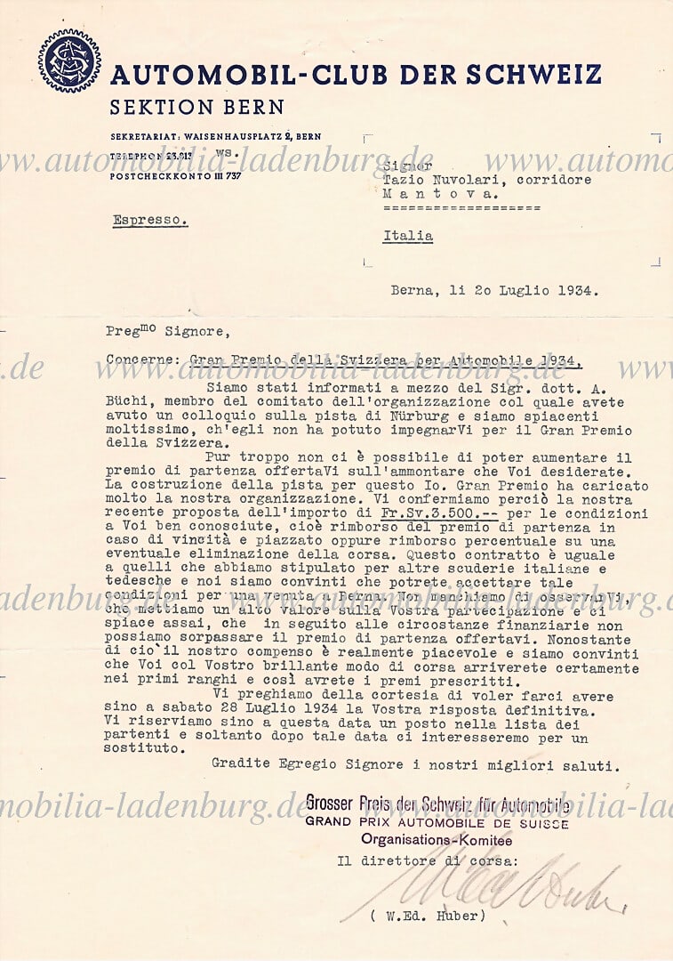 TAZIO NUVOLARI 20.07.1934, signed letter from W.Ed. Huber (Automobile Club of Switzerland), (1 of 2)