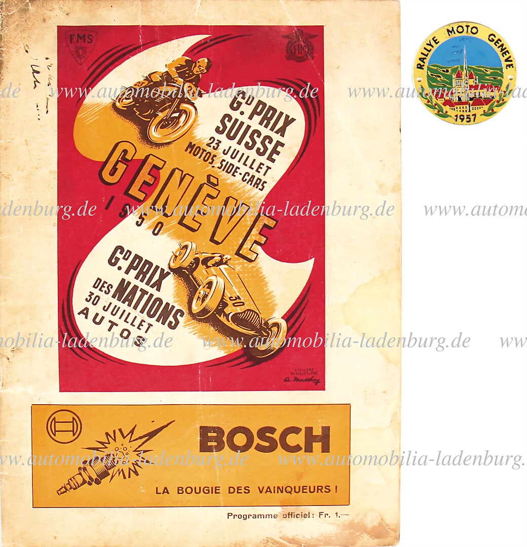 Program booklet Swiss Grand Prix Geneve 23.07.1950 for motorcycles with sidecars, as well as Grand: Program booklet Swiss Grand Prix Geneve 23.07.1950 for motorcycles with sidecars, as well as Grand Prix der Nation 30.07.1950, with list of participants, among others Juan Manuel Fangio on Alfa Romeo,