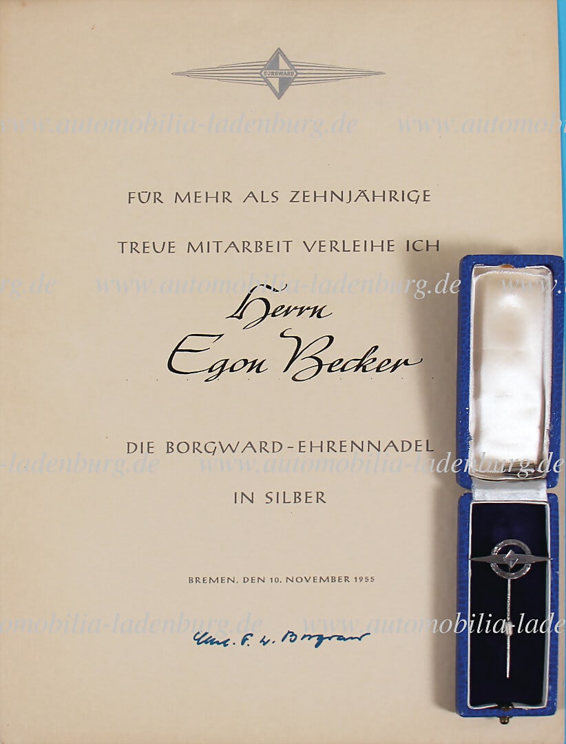 BORGWARD Certificate for 10 years of service, incl. Borgward silver badge of honor (835) German (1 of 1)