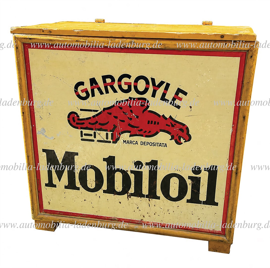 MOBILOIL 30s, wooden box "Gargoyle Mobiloil", 54x54x31cm German Description MOBILOIL 30er Jahre,: MOBILOIL 30s, wooden box "Gargoyle Mobiloil", 54x54x31cm German Description MOBILOIL 30er Jahre, Holzkiste "Gargoyle Mobiloil", 54x54x31cm