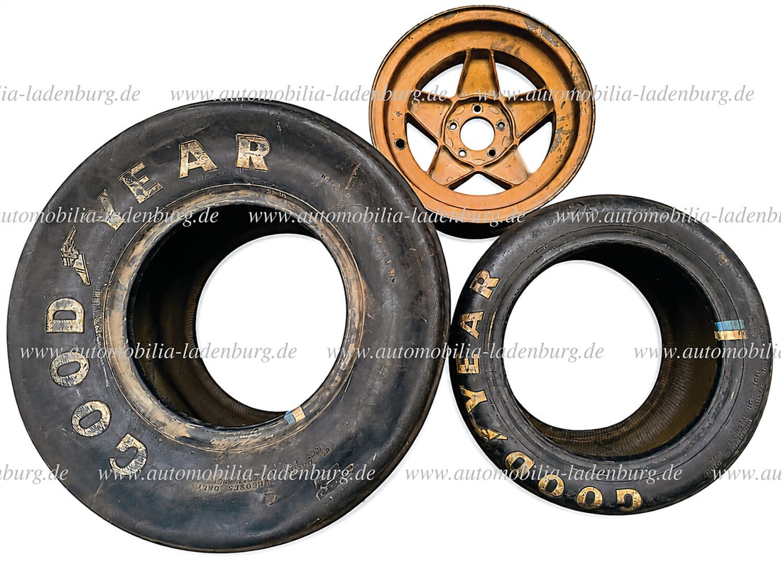 FERRARI 3-piece set, including Ferrari 312 F1 Campagnolo front wheel rim, (511.700.426.27), plus: FERRARI 3-piece set, including Ferrari 312 F1 Campagnolo front wheel rim, (511.700.426.27), plus Goodyear front and rear tires, rim used, visually good condition German Description FERRARI Konvolut 3t
