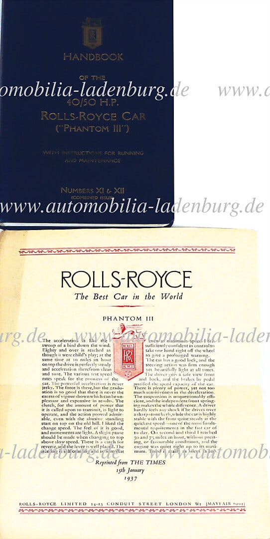 ROLLS ROYCE 1937, manual / operating instructions 40/50HP Rolls Royce Phantom III, English text, (1 of 1)