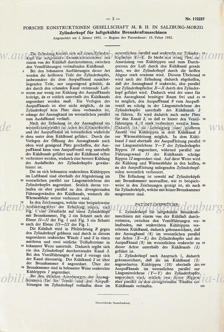 PORSCHE original patent specification Austrian Patent Office "Cylinder head for air-cooled brake (1 of 2)