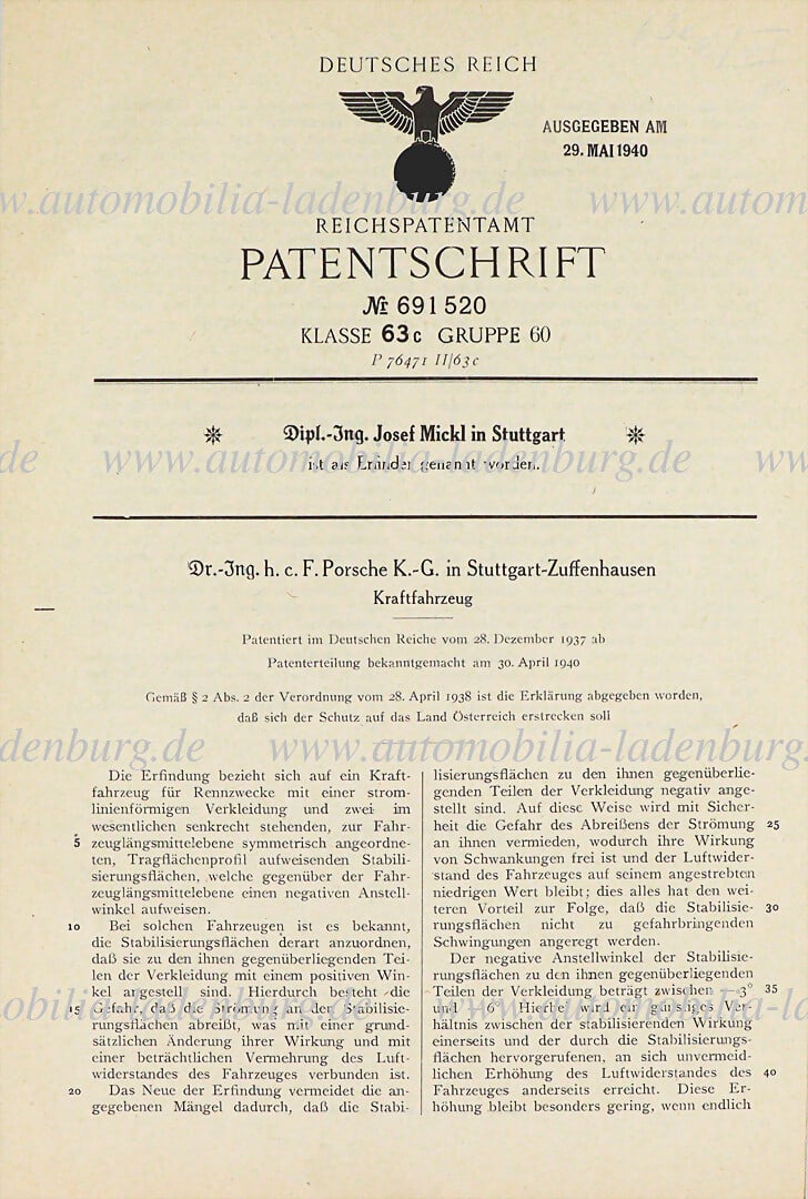 PORSCHE original patent specification "Motor vehicle", patent no. 691520, the inventor is Dipl. Ing. (1 of 2)