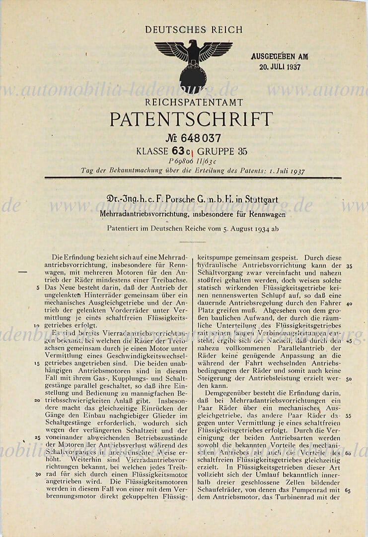 PORSCHE original patent specification "Multi-wheel drive device, in particular for racing cars" (Dr. (1 of 2)