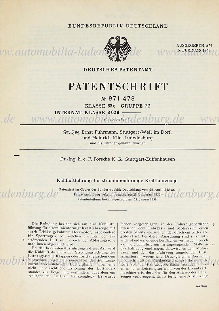 PORSCHE Original patent specification "Cooling air duct for streamlined motor vehicles", patent no. (1 of 2)