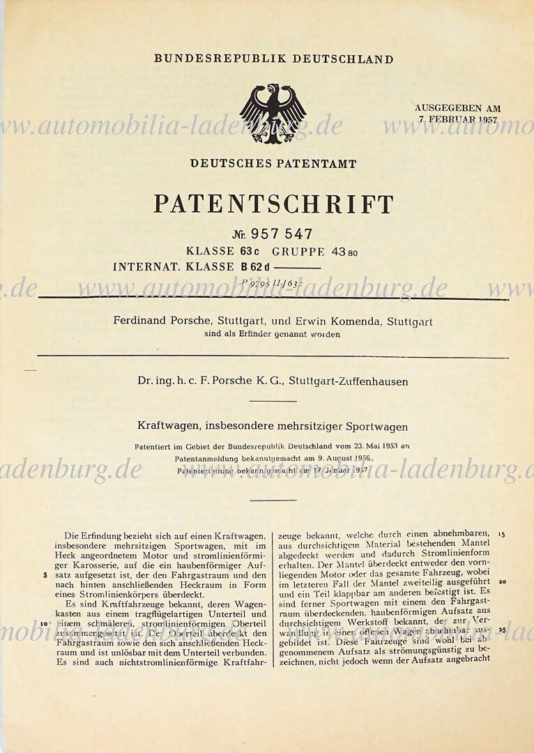 PORSCHE original patent document "Kraftwagen, insbesondere mehrsitziger Sportwagen (Porsche 550 (1 of 2)