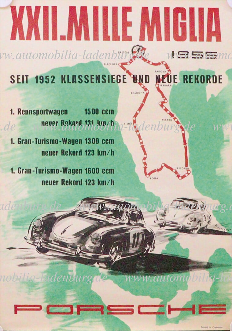 PORSCHE 1955, original racing poster "XXII Mille Miglia 1955", design Strenger, good condition (1 of 1)