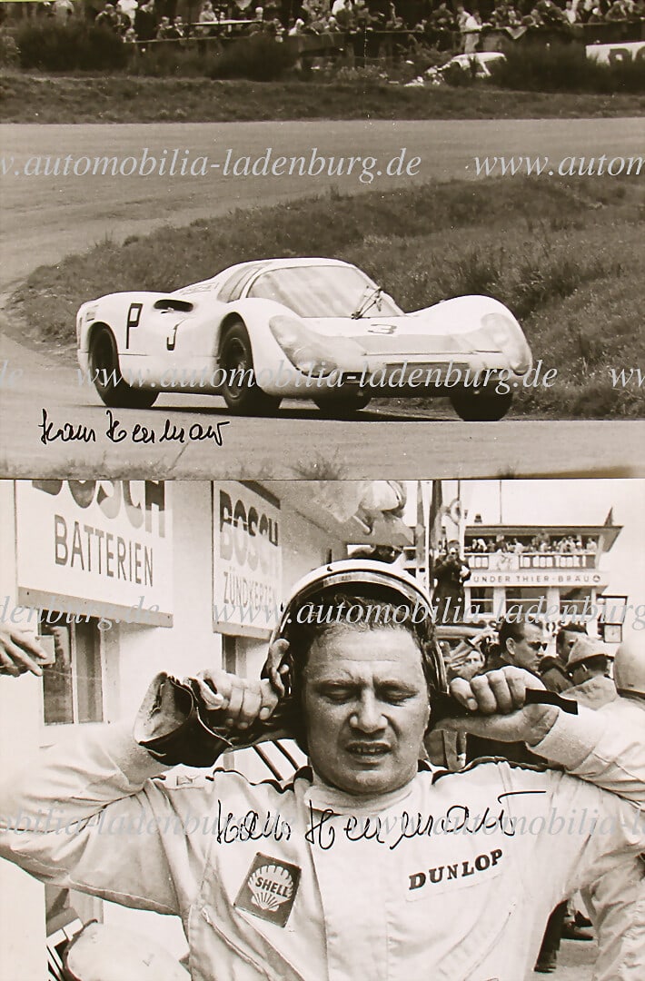 PORSCHE Mixed lot 2 signed original b/w photo Hans Herrmann, i.a. on Porsche 908, 1000KM NÃ: PORSCHE Mixed lot 2 signed original b/w photo Hans Herrmann, i.a. on Porsche 908, 1000KM NÃ¼rburgring 1968, 20x30cm German Description PORSCHE Konvolut 2 handsignierte original s/w Aufnahme 