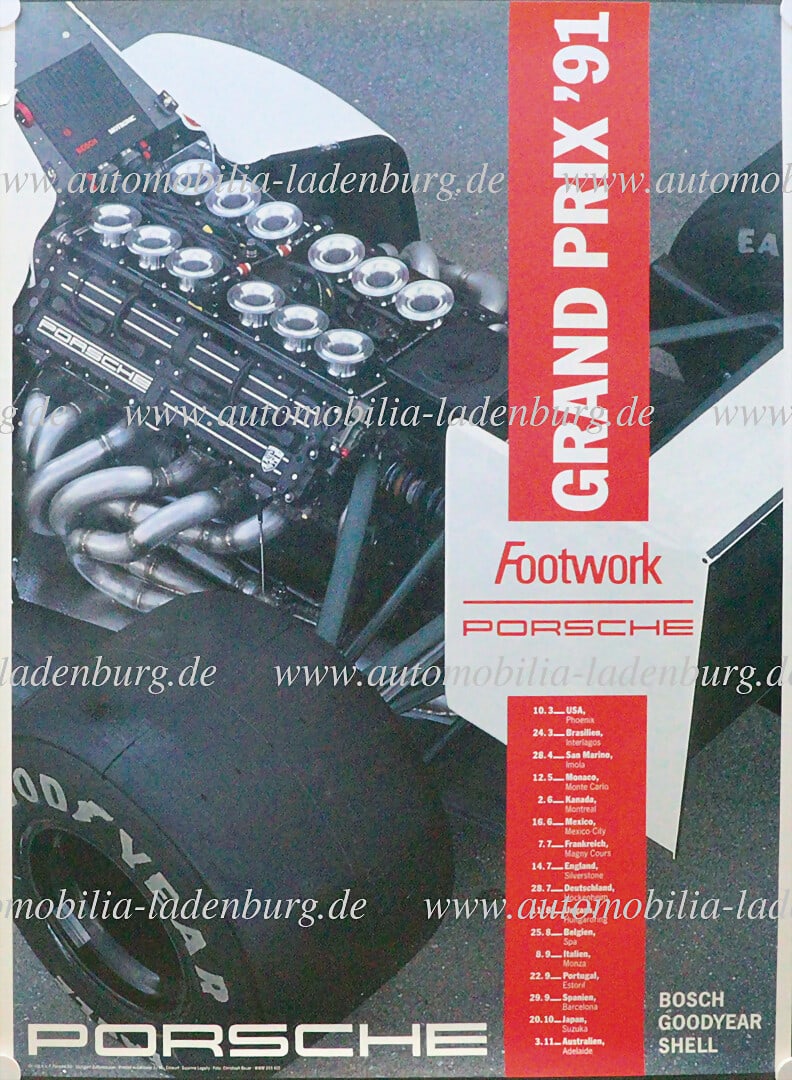 PORSCHE Mixed lot of 3 racing posters including "Porsche Footwork Grand Prix 1991", 1x good: PORSCHE Mixed lot of 3 racing posters including "Porsche Footwork Grand Prix 1991", 1x good condition & 1x edges with slight tears; "Victory for the Indy-Porsche, 200 Miles Mid-Ohio", creased edges, s