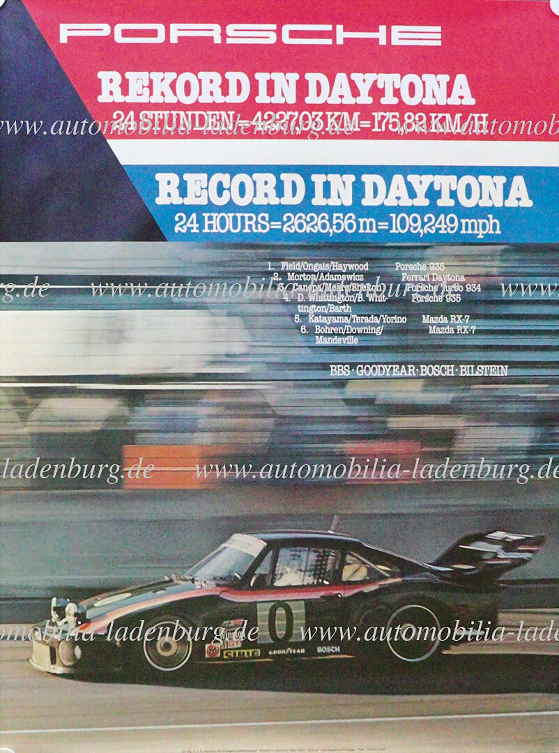 PORSCHE 1979, original racing poster "Porsche Rekord in Daytona 24 Stunden", design advertising: PORSCHE 1979, original racing poster "Porsche Rekord in Daytona 24 Stunden", design advertising agency Strenger, 101x76 cm, slight tears left side, otherwise good condition German Description PORSCHE 