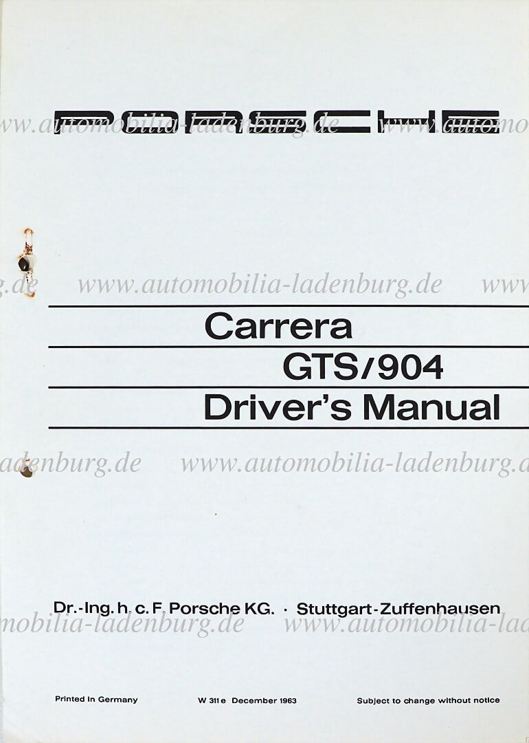 PORSCHE original "Porsche 904 Carrera GTS Drivers Manual" in English, 1963, condition good, without (1 of 1)