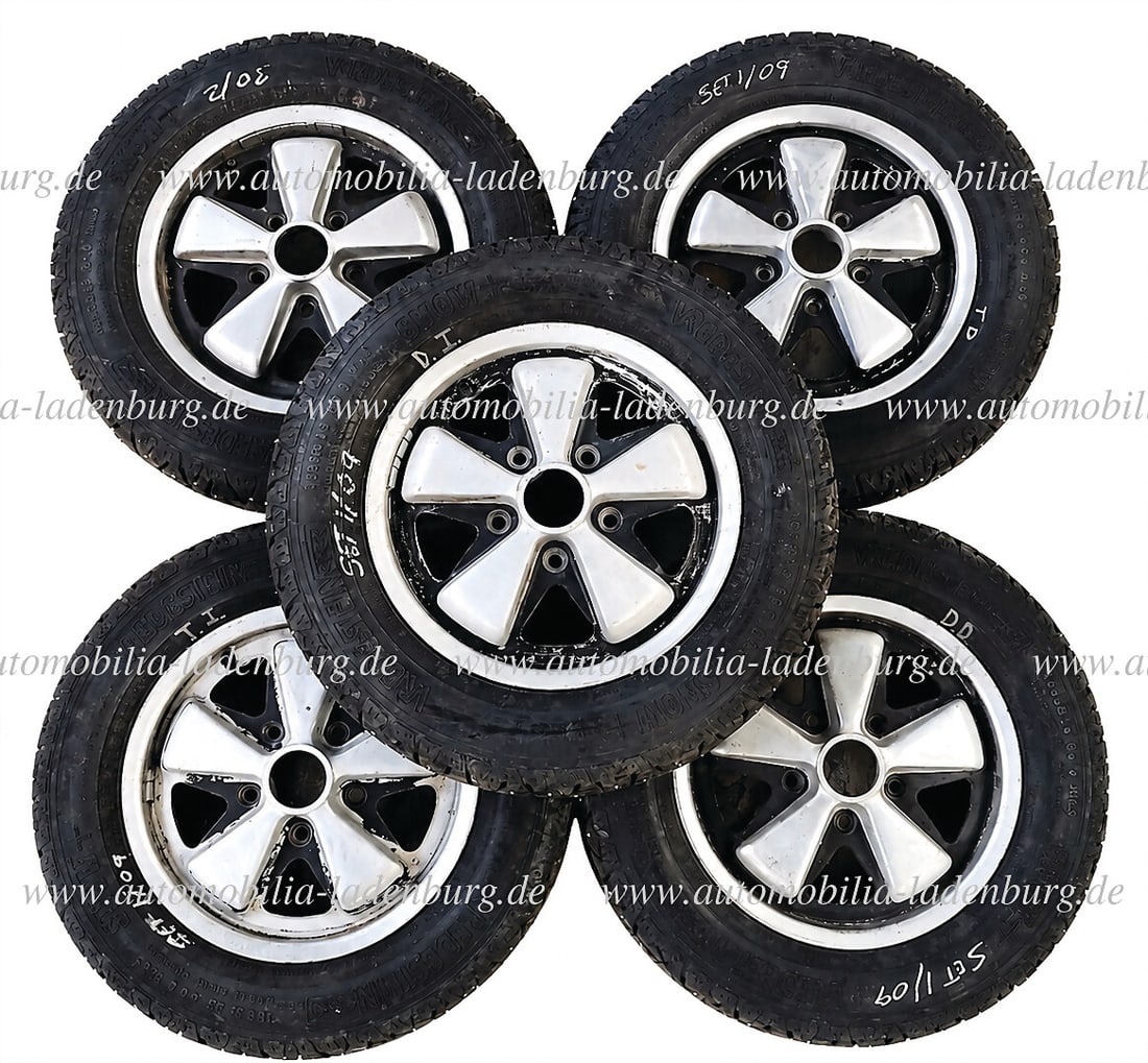 PORSCHE 5 Porsche Fuchs rims, 4 1/2Jx15 + 1x spare wheel, winter tires spikes Vredestein, no date, (1 of 1)