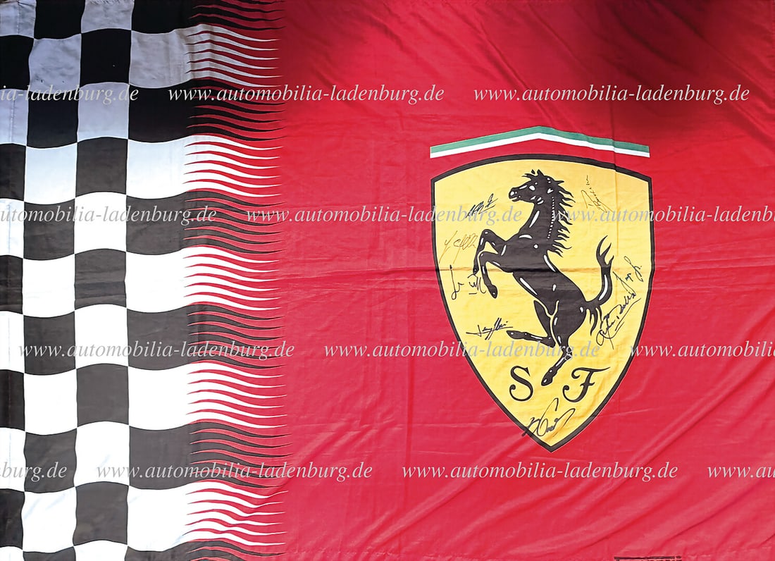 FERRARI hand-signed Ferrari flag with a total of 7 signatures, including Michael Schumacher, Rubens: FERRARI hand-signed Ferrari flag with a total of 7 signatures, including Michael Schumacher, Rubens Barichello, Jean Alesi, 138x190cm German Description FERRARI handsignierte Ferrari Fahne mit insgesa