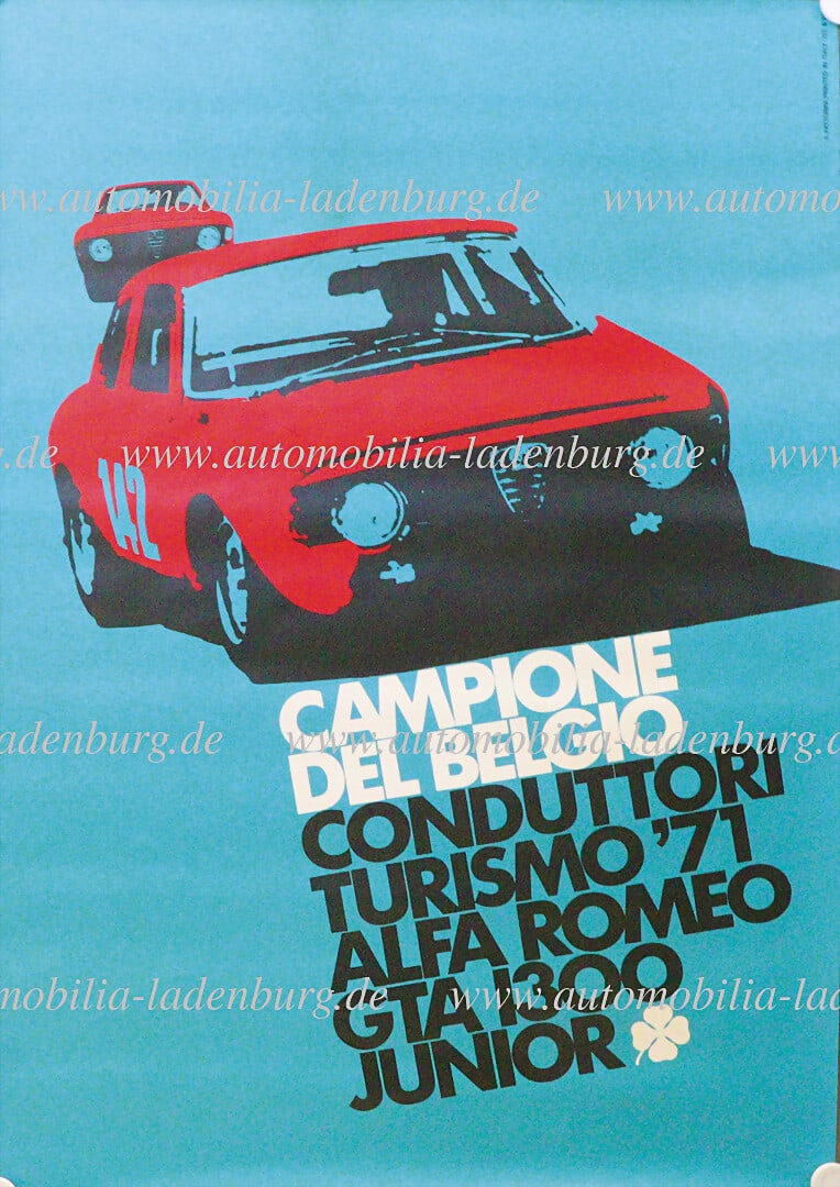 ALFA ROMEO 1971, original racing poster "Campione del Belgio Conduttori Alfa Romeo GTA 1300 Junior", (1 of 1)