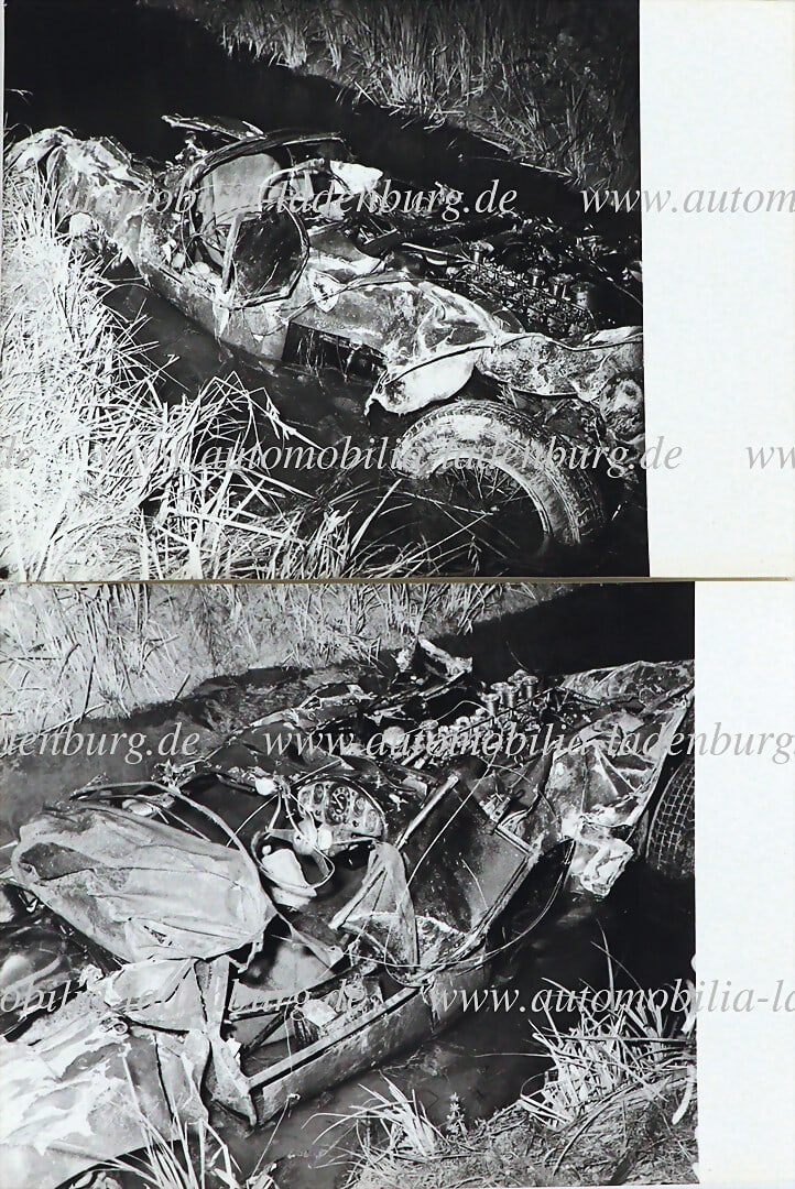 FERRARI Mixed lot of two large-format original b/w photographs, the accident car of de Portago /: FERRARI Mixed lot of two large-format original b/w photographs, the accident car of de Portago / Nelson, Mille Miglia 1957, 18x24cm German Description FERRARI Konvolut zwei groÃŸformatige or