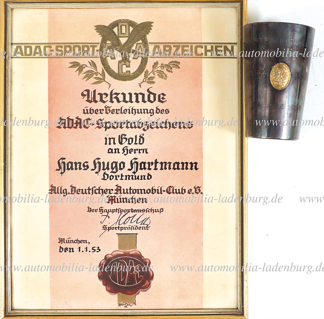 ESTATE OF HANS HUGO HARTMANN Mixed lot of 2 pieces, including silver mug "Int. Sportfahrer Lehrgang (1 of 1)