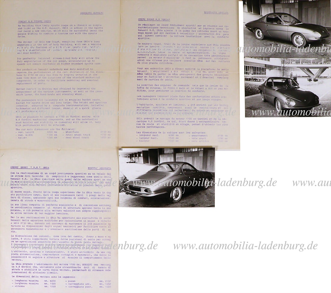 GHIA 1964, 3 pages press release (English/French/Italian) incl. 3 Ghia factory photos, Ghia Renault: GHIA 1964, 3 pages press release (English/French/Italian) incl. 3 Ghia factory photos, Ghia Renault R8 Coupe (stamped Carrozzeria Ghia on the back), good condition German Description GHIA 1964, 3 Seit