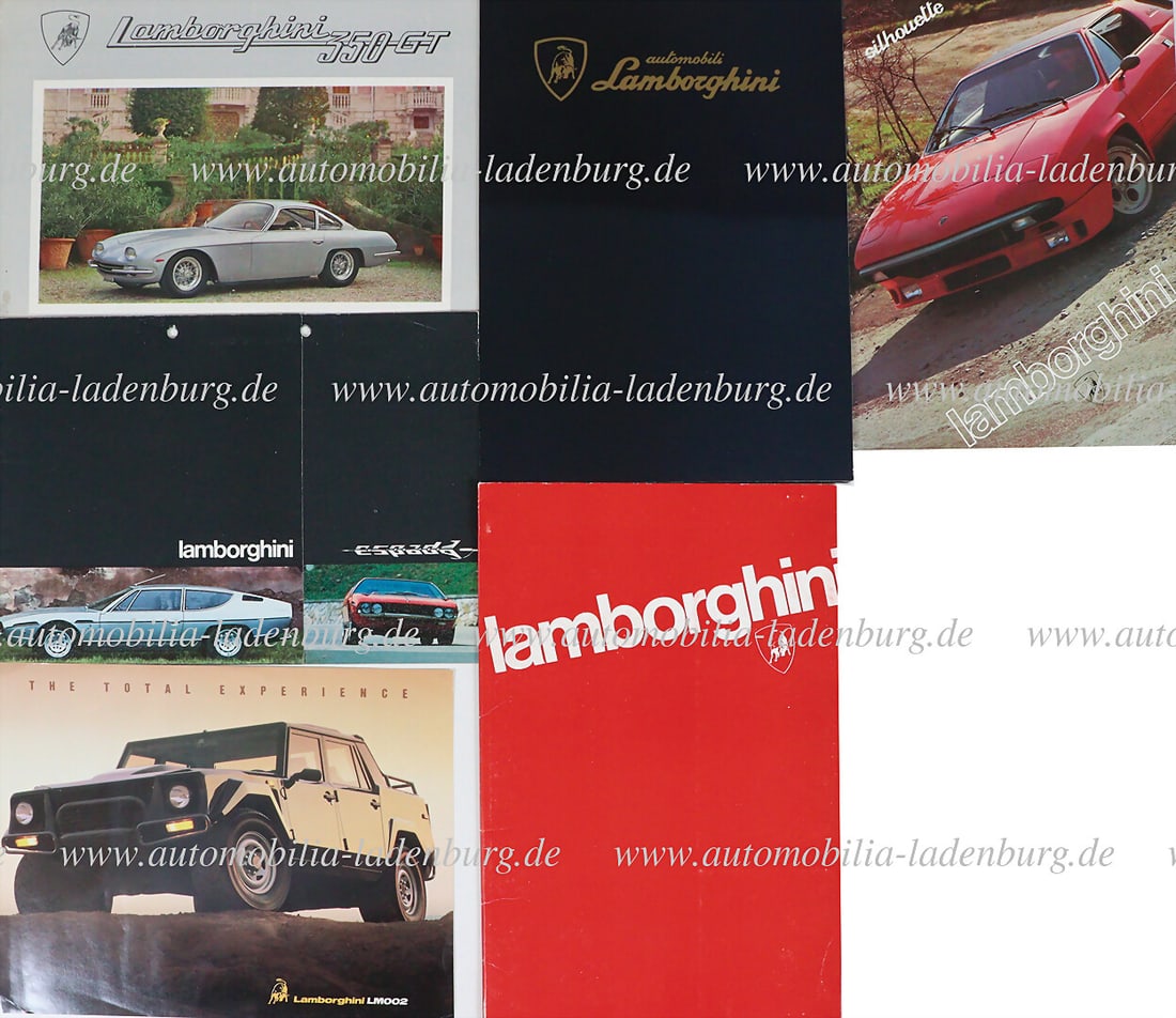 LAMBORGHINI Mixed lot of 6 pieces, including Lamborghini 350GT folding brochure (small missing: LAMBORGHINI Mixed lot of 6 pieces, including Lamborghini 350GT folding brochure (small missing part), Lamborghini LM002 flyer (English), 1972 Earls Court Motor Show press kit (complete), Diablo press 