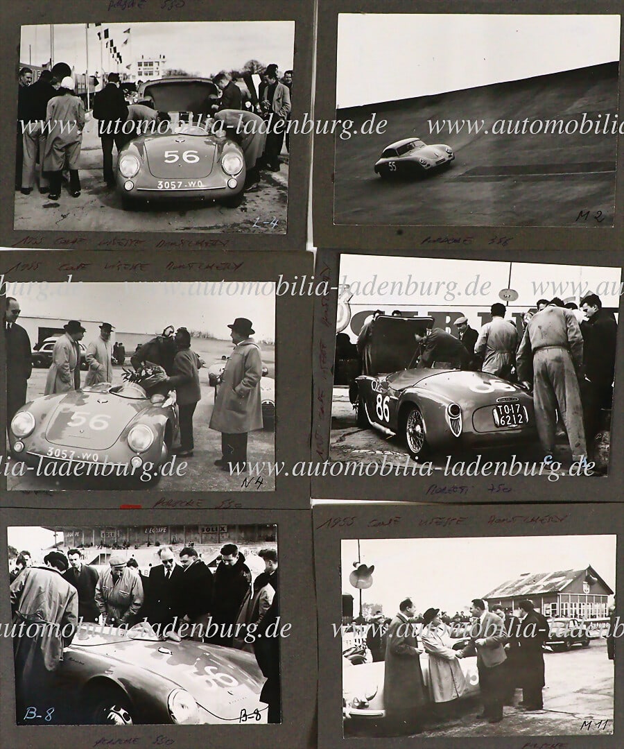 PORSCHE Collection of 8 original b/w photographs, Porsche 356 preA and 550 Spyder, Montlhery 1955,: PORSCHE Collection of 8 original b/w photographs, Porsche 356 preA and 550 Spyder, Montlhery 1955, 9x12cm German Description PORSCHE Konvolut 8 original s/w Aufnahmen, Porsche 356 preA und 550 Spyder,