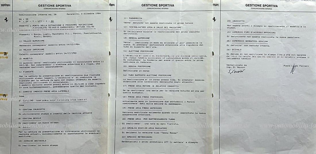 FERRARI December 3, 1984 "Comunicazione Interna" Ferrari Gestione Sportiva, 3 pages, status of: FERRARI December 3, 1984 "Comunicazione Interna" Ferrari Gestione Sportiva, 3 pages, status of development and planning of individual chassis and body parts for Ferrari Tipo 156/85, highly interesting
