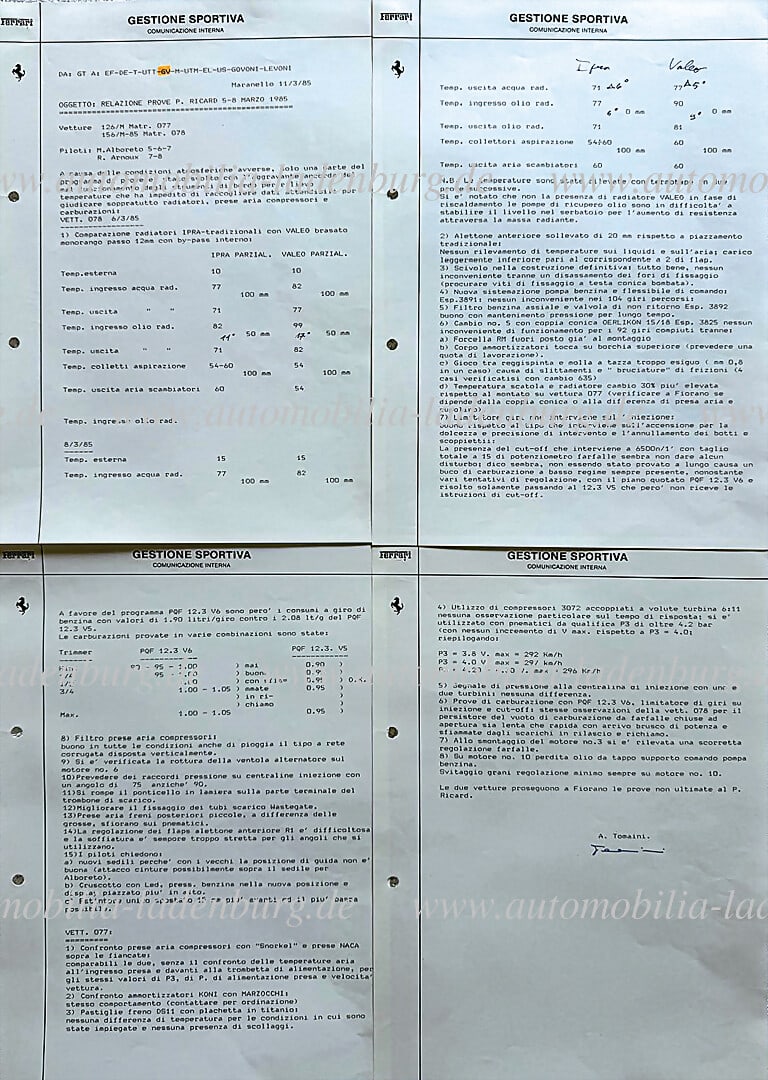 FERRARI 11.3.1985, "Comunicazione Interna", Gestione Sportiva, 4 pages test report Paul Ricard March (1 of 1)