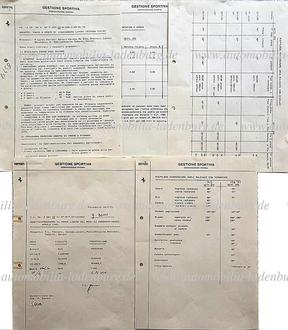 FERRARI 10-16.1.1985, "Comunicazione Interna", Gestone Sportiva, 5 pages of test reports and various (1 of 1)
