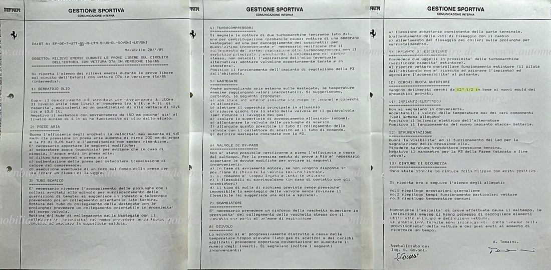 FERRARI 28.1.1985, "Comunicazione Interna", Gestone Sportiva, 3 pages test report about defects and: FERRARI 28.1.1985, "Comunicazione Interna", Gestone Sportiva, 3 pages test report about defects and problems with the car 156/85 (#076) in Estoril...very interesting German Description FERRARI 28.1.19