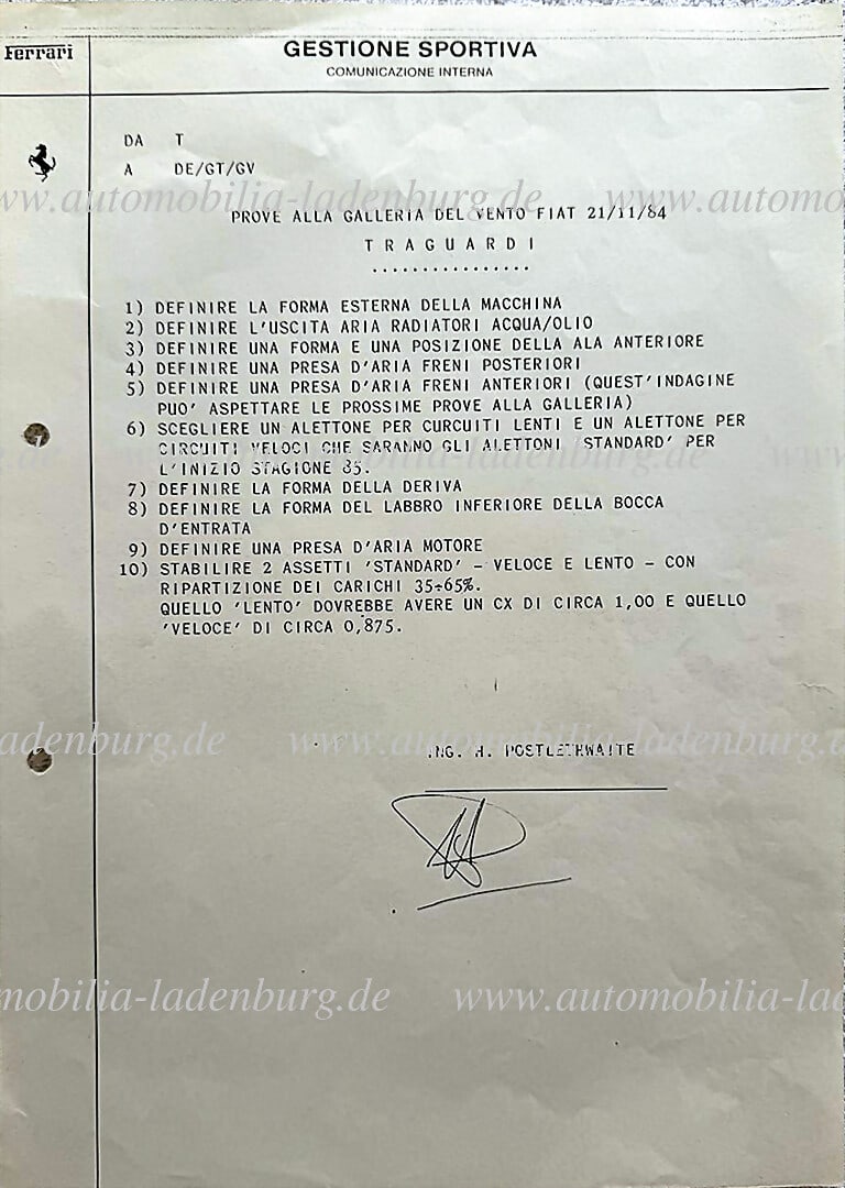 FERRARI 21.11.1984, "Comunicazione Interna", Gestone Sportiva, findings on the wind tunnel tests at (1 of 1)