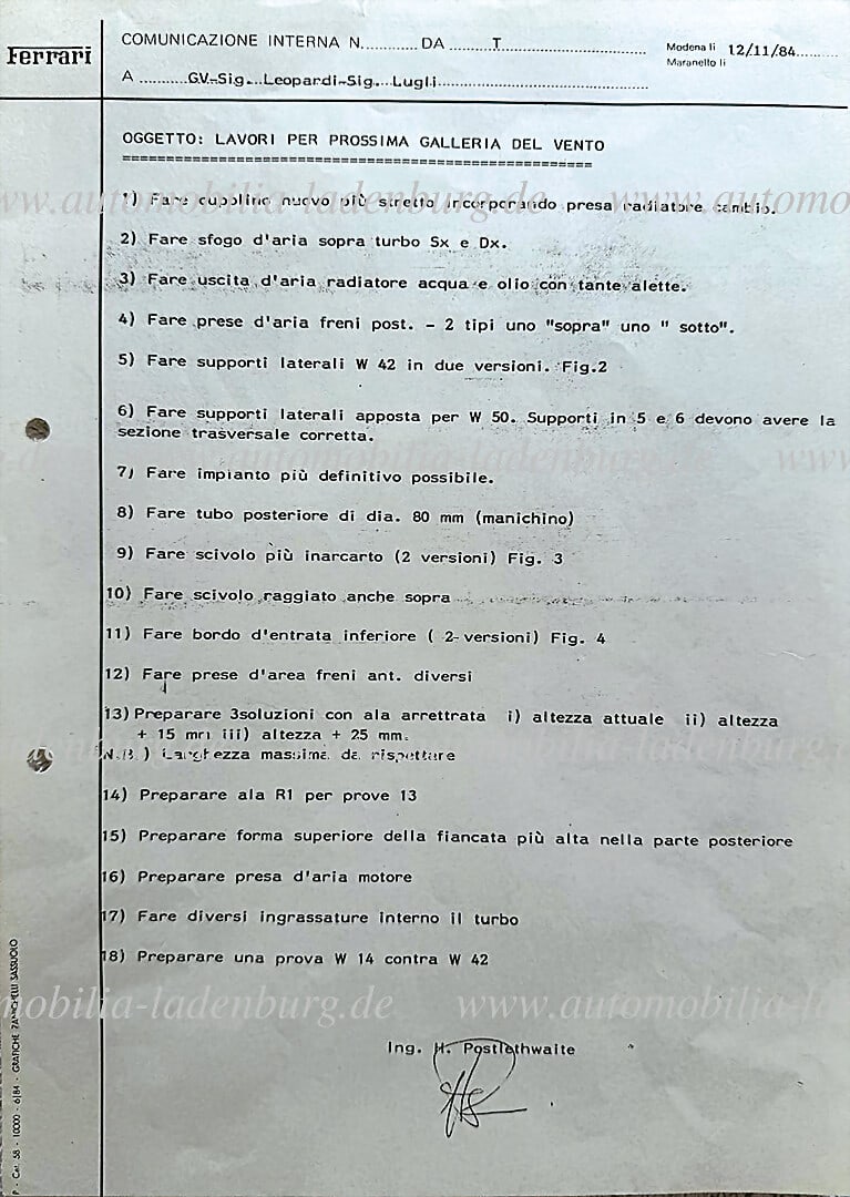 FERRARI 12.11.1984, "Comunicazione Interna", Gestone Sportiva, concerning aerodynamic development (1 of 1)