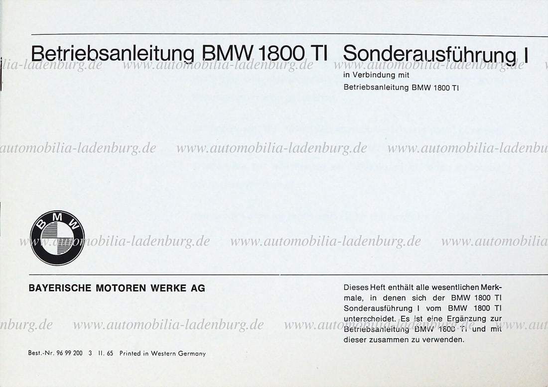 BMW 11. 1965, operating instructions BMW 1800 TI special version I "competition version", (in (1 of 1)