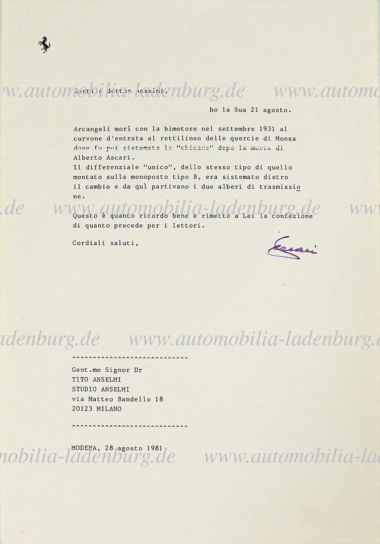 FERRARI August 28, 1981, letter signed by Enzo Ferrari to the motorsport journalist Dr. Tito: FERRARI August 28, 1981, letter signed by Enzo Ferrari to the motorsport journalist Dr. Tito Anselmi, Enzo Ferrari remembers the fatal accident of Luigi Arcangeli who crashed his Alfa Romeo Bimotoro i
