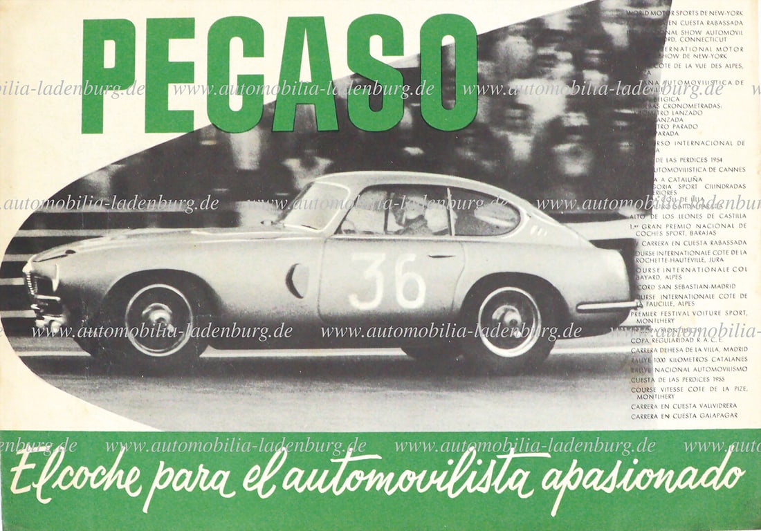 PEGASO 1955, folding brochure Pegaso Z-102, successes in racing, Spanish text, good condition (green: PEGASO 1955, folding brochure Pegaso Z-102, successes in racing, Spanish text, good condition (green version) very rare German Description PEGASO 1955, Faltprospekt Pegaso Z-102, Erfolge im Rennsport,