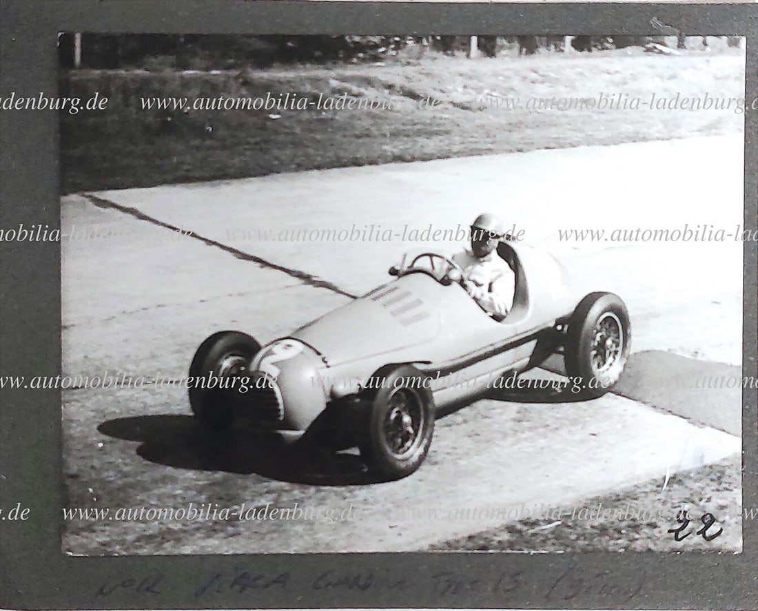 1952, 2 original b/w photographs on cardboard, including Giuseppe Farina in a Ferrari 500 F2 and (1 of 2)
