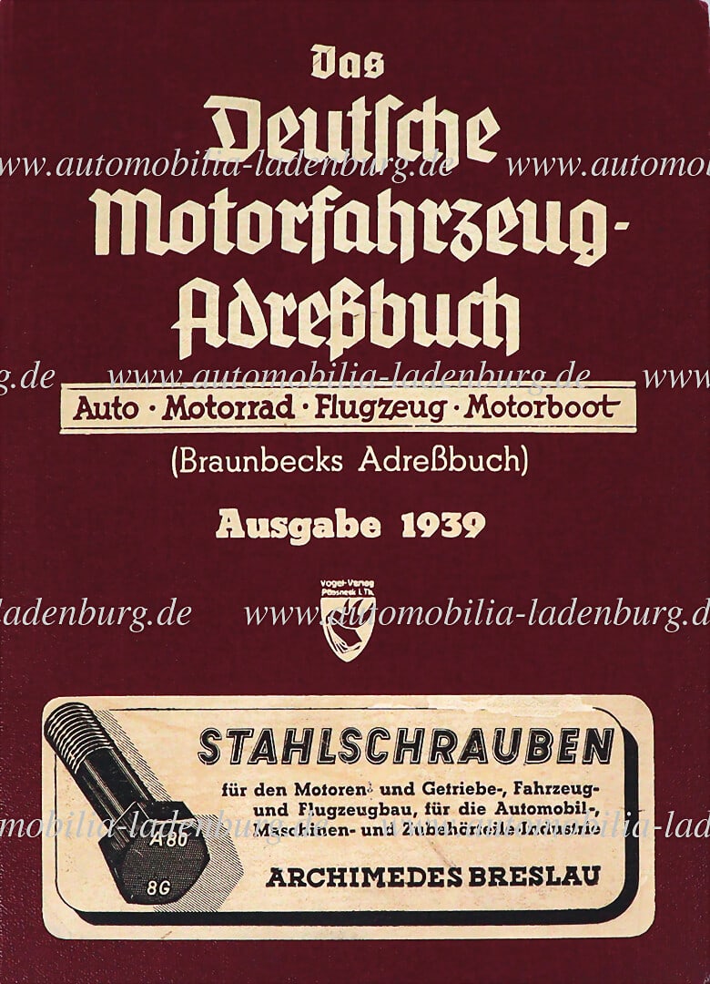 BRAUNBECK ADDRESS BOOK original Braunbeck`s address book, "Das Deutsche Motorfahrzeug Adressbuch", (1 of 1)