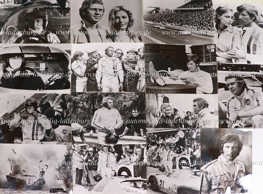 STEVE MCQUEEN 1970, mixed lot of 15 original b/w press photos (German version) for the movie "Le: STEVE MCQUEEN 1970, mixed lot of 15 original b/w press photos (German version) for the movie "Le Mans", among them a hand-signed b/w photo Siegfried Rauch, further photos show Elga Andersen, Steve McQ