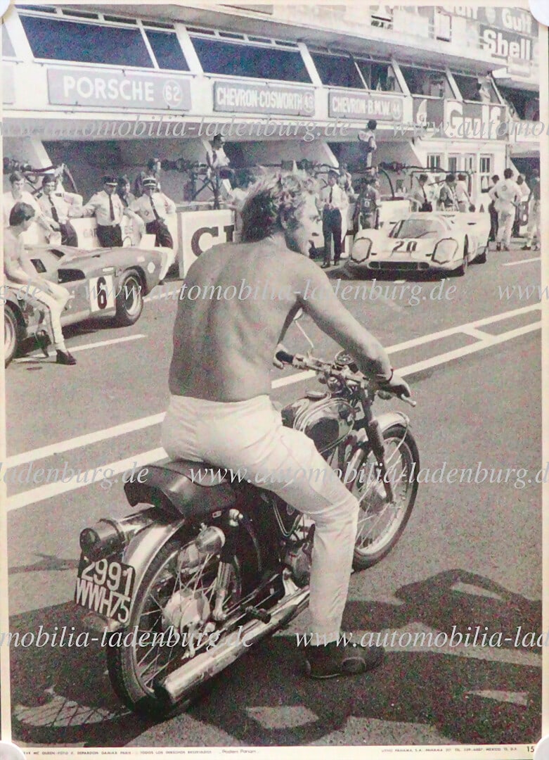 STEVE MCQUEEN 1970, original b/w photo poster, Steve McQueen on his motorcycle during the shooting (1 of 1)