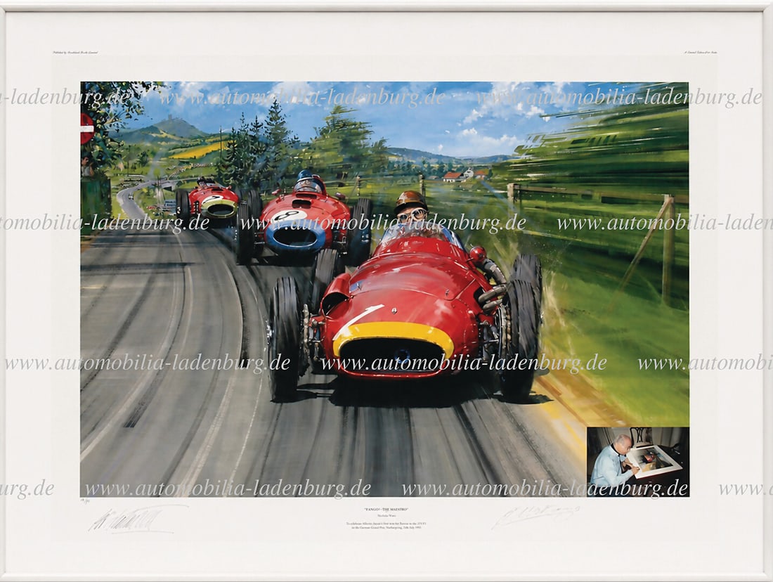 MASERATI hand-signed customer print "Fangio - The Maestro" by Nicolas Watts, signed by Juan-Manuel: MASERATI hand-signed customer print "Fangio - The Maestro" by Nicolas Watts, signed by Juan-Manuel Fangio and Nicolas Watts, 64.5x83cm, with certificate, plus a color photograph of Fangio, 7.5x11cm Ge