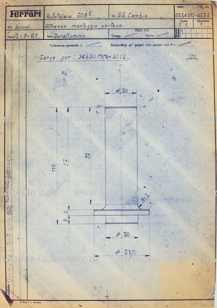 FERRARI 2.9.1961, original Ferrari blueprint mounting sleeve for the installation of a Corteco (1 of 1)