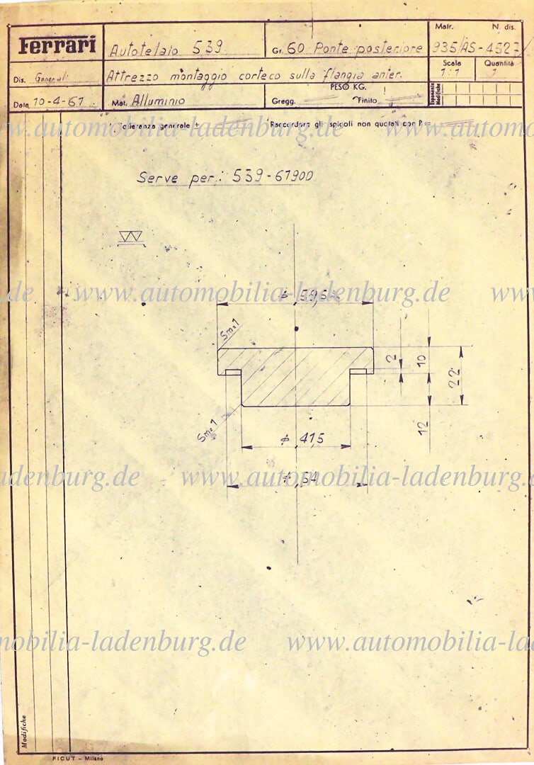 FERRARI 10.04.1961, original Ferrari blueprint special tool for mounting a Corteco shaft seal,: FERRARI 10.04.1961, original Ferrari blueprint special tool for mounting a Corteco shaft seal, Ferrari 250GT SWB, scale 1:1 German Description FERRARI 10.04.1961, original Ferrari Blaupause Spezialwer