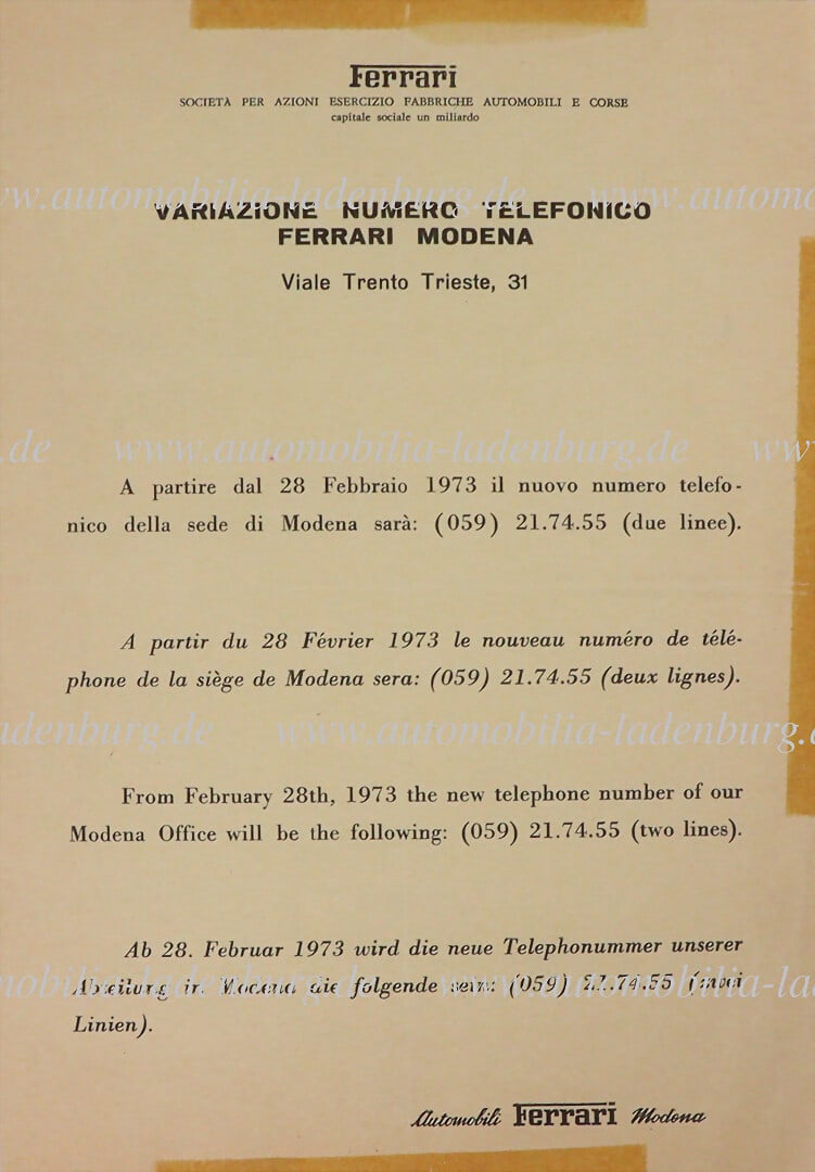 FERRARI 1973, original internal Ferrari circular regarding change of telephone numbers - Ferrari (1 of 1)