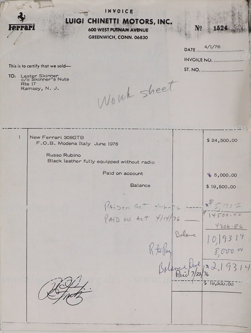 FERRARI 1976, complete sales documentation of a Ferrari 308GTB from Chinetti to Lester Skinner, 17 (1 of 4)